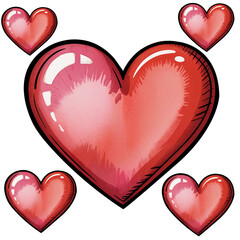 Vibrant watercolor hearts in different sizes arranged against a black background for love and design