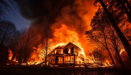 a house engulfed in flames with intense fire illuminating the night sky and surrounding trees creating a dramatic and dangerous scene