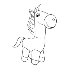 Cute Cartoon Horse Outline Vector Illustration. The image features a cheerful horse with a big round snout, large expressive eye, spiky mane and a curved tail.