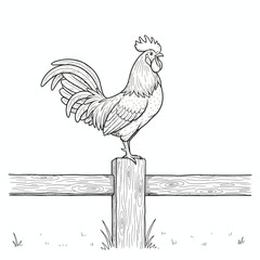 Line Art Rooster on a Fence Post - Farm Animal Illustration