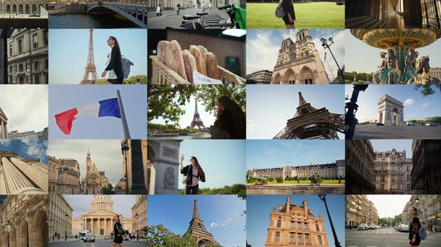 Beautiful collage video of Paris with famous landmarks architecture historic cityscape Eiffel Tower Arc de Triomphe representing travel and tourism in Europe