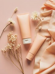 Elegant Skincare Tubes with Dried Flowers and Soft Fabric Arrangement, ai-generated