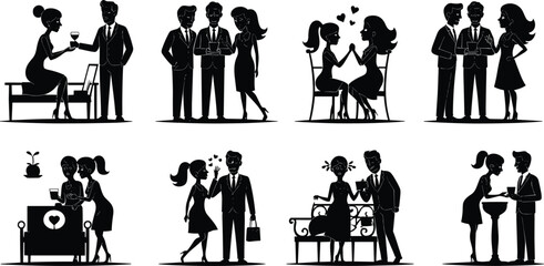 Romantic silhouettes, dating couples, social interaction, giving flowers, holding hands, drinking wine, flirting, love moments, black figures, relationship concept, human connection
