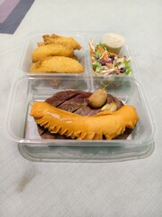 french fries with Steak, Sausage and Salad