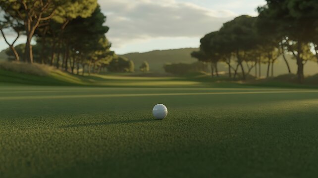 Golf ball waiting on a perfectly manicured green on a beautiful sunny day, ai-generated