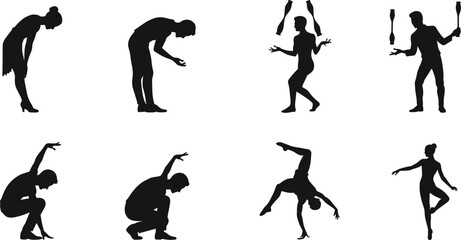 Silhouette dance poses, juggling performers, acrobatic movements, expressive body language, circus skills, human posture art, abstract performance, vector illustration