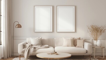 Frame mockup in contemporary living room design, two vertical frames on white wall background 