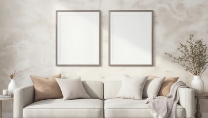 Frame mockup in contemporary living room design, two vertical frames on white wall background 
