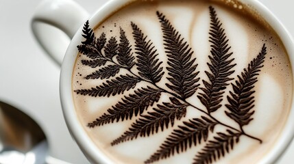 Fern latte art, coffee cup, cafe, close-up, menu