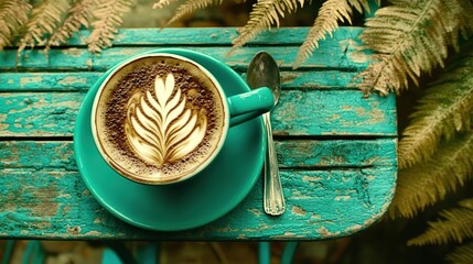 Latte art, coffee cup, outdoor cafe, ferns, autumn