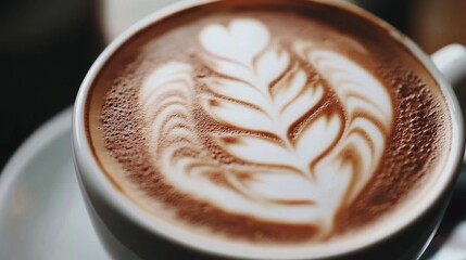 Latte art, coffee shop, cafe, close-up, leaf design, foam, beverage, menu, background blurred