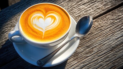 Heart latte art, outdoor cafe, wooden table, sunny day, coffee break