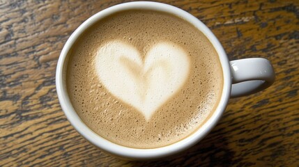Heart latte art, coffee cup, wood table, cafe, breakfast