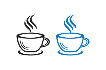 Minimal Line Vector art of two steaming cups of coffee, one in black outline and the other in blue, isolated on a, representing hot beverages and cafe culture