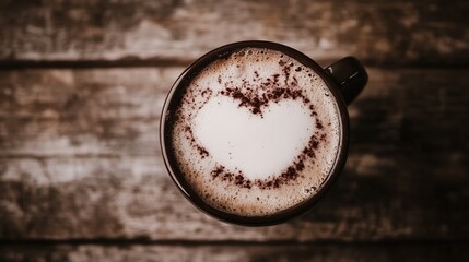 Heart latte art, coffee cup, wooden table, cafe, romance