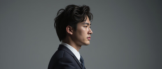 Obraz premium Elegant profile of man in formal suit, showcasing modern hairstyle and serious expression, perfect for professional settings