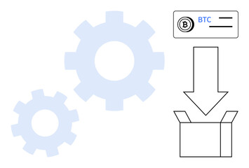 Two interlocking gears, Bitcoin logo with label, downward arrow, and open storage box. Ideal for cryptocurrency, blockchain, fintech, digital transactions, mining technology financial systems