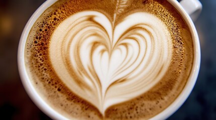 Latte art heart, coffee shop, close-up, busy background, menu