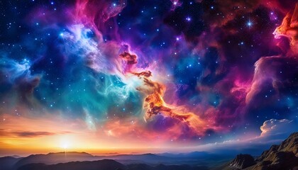 Naklejka premium vibrant cosmic nebula illuminates the night sky with vibrant colors and intricate patterns