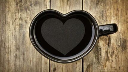 Heart-shaped coffee cup on wood, dark drink, rustic background, Valentine's Day