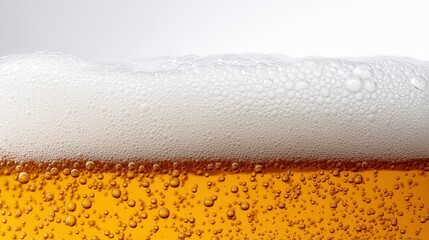 Close up of beer foam and bubbles on golden lager with white background.