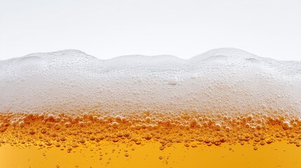 Close up of beer foam and bubbles on golden lager with white background.