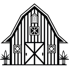 Black and white outline illustration of a rustic barn house with a simple clean design