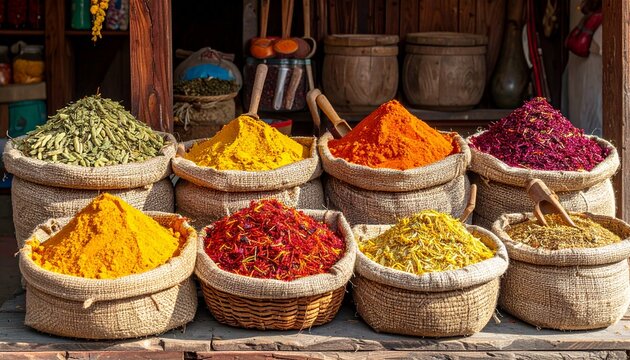 Rustic spice market stall with vibrant saffron, turmeric, and cumin in woven baskets, wooden scoops, burlap sacks, captured in vivid HD detail. - Powered by Adobe