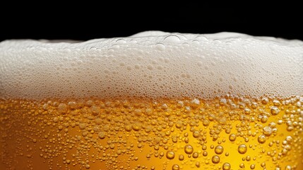 Close-up of golden beer foam with bubbles isolated on transparent background, macro photography of frothy lager texture, detailed DSLR quality stock photo.