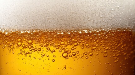 Close-up of golden beer foam with bubbles isolated on transparent background, macro photography of frothy lager texture, detailed DSLR quality stock photo.