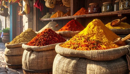 Rustic spice market stall with vibrant saffron, turmeric, and cumin in woven baskets, wooden scoops, burlap sacks, captured in vivid HD detail. 