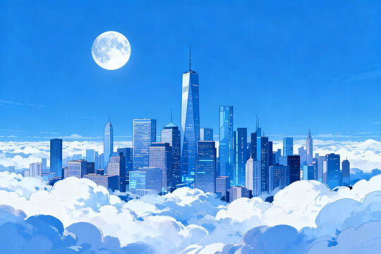 City skyline above clouds under a full moon - Powered by Adobe