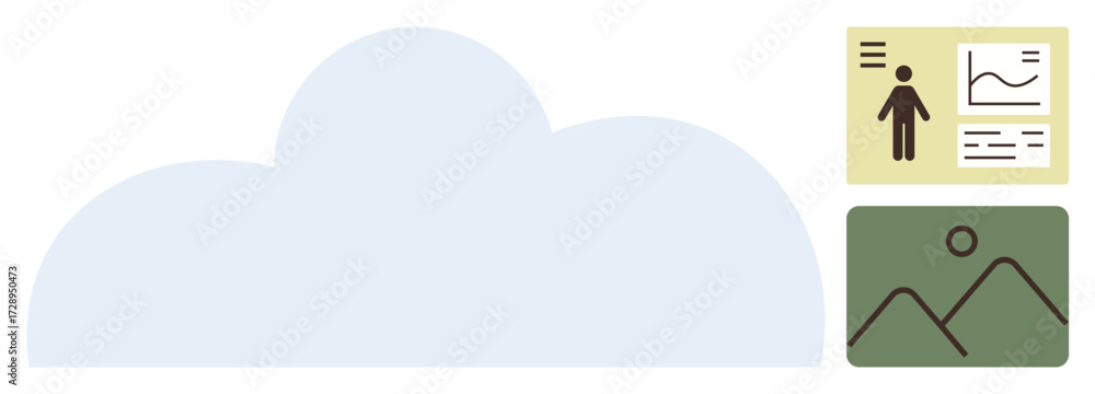 Poster cloud with user analytics and photo data interfaces, representing data storage, digital technology, 