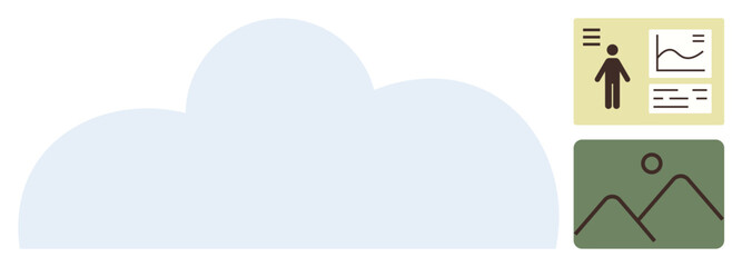 Cloud with user analytics and photo data interfaces, representing data storage, digital technology, and online access. Ideal for technology, data management, cloud computing, analytics, file sharing