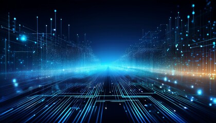 abstract digital network circuit board background banner with glowing light and connecting data dots in blue and black colors big data technology concept