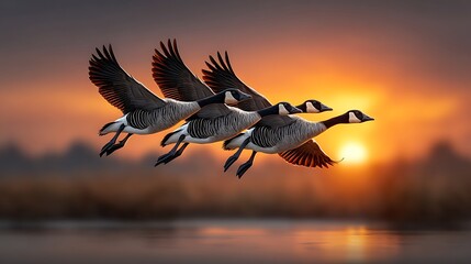 Fototapeta premium A flock of geese flying in perfect V-formation across a vivid orange sky, the sun setting behind them casting a warm glow over the horizon.