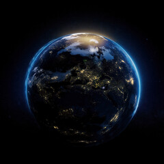 Fototapeta premium High-resolution cutout of Earth globe with cloud layers, city lights and halo, isolated on transparent / dark background