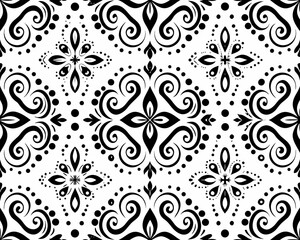 Seamless black and white damask pattern with floral motifs and swirls