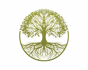 Obraz premium Stylized green tree of life with visible roots inside a circular frame