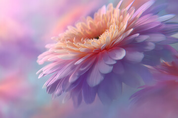 A vibrant, softfocus image of a gerbera daisy with layers of pink and orange petals against a blurred, colorful background