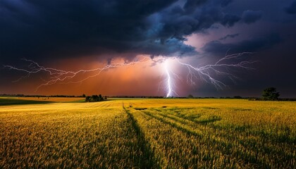 dramatic lightning strike over open field nature photography stormy weather captivating landscape atmospheric perspective