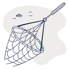 Catching a fish with a net in a gentle stream, symbolizing opportunity and pursuit of goals with a playful spirit.