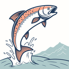 Dynamic salmon leaps triumphantly from blue water with majestic mountains in the distance, symbolizing achievement and nature's power