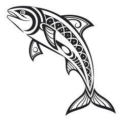 Naklejka premium Dynamic tribal salmon leaping gracefully with intricate patterns, symbolizing strength, journey, and nature's artistry in a bold black and white design