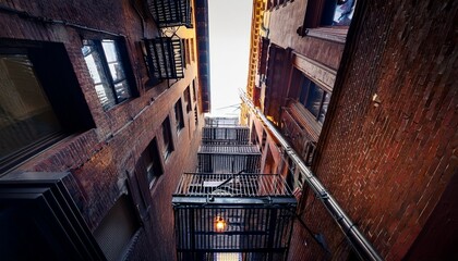 dark narrow new york alleyway fire escape