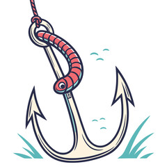 Naklejka premium Nautical anchor with worm bait symbolizing a fishing lure and adventure on the high seas