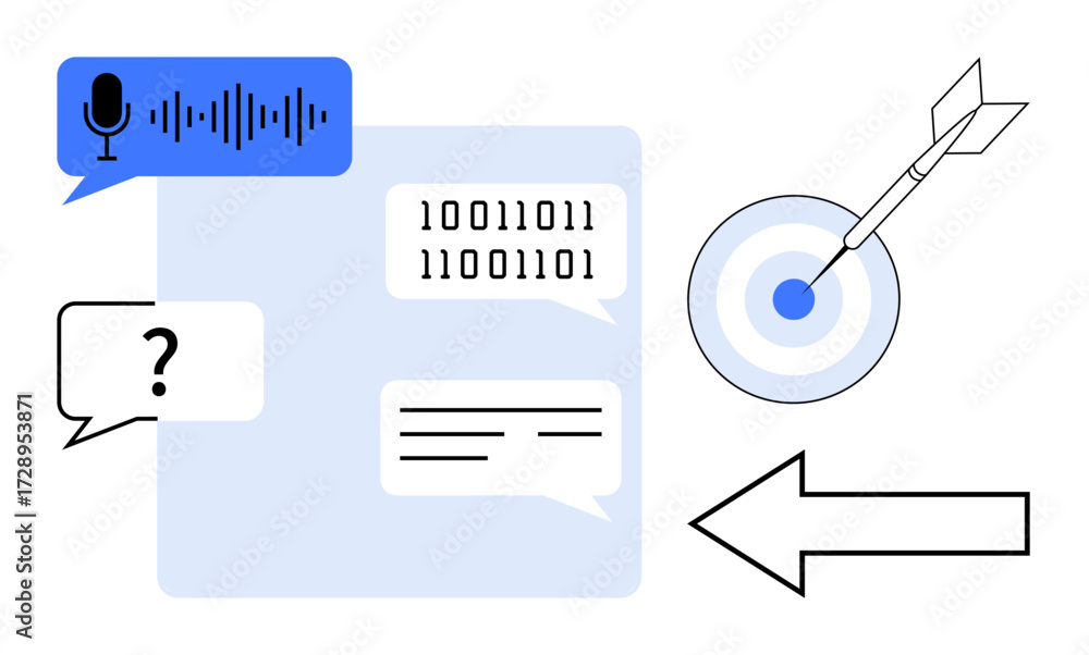 Poster speech bubbles with voice signals, binary code, text, question mark, large arrow, and dart in center