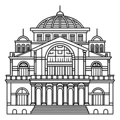 Detailed architectural illustration of an opera house with intricate outline and structural elements