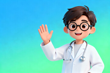 3D animated doctor waving with stethoscope, wearing lab coat and glasses against gradient background