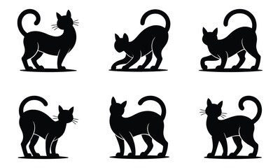 Set of Black Cats Silhouettes. Different Poses of Domestic Animal. Vector Illustration.